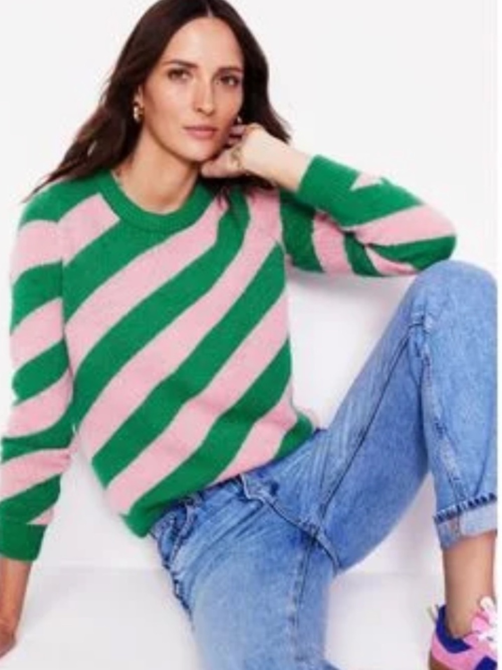 Boden Pink and Green Diagonal Stripe Crewneck Sweater